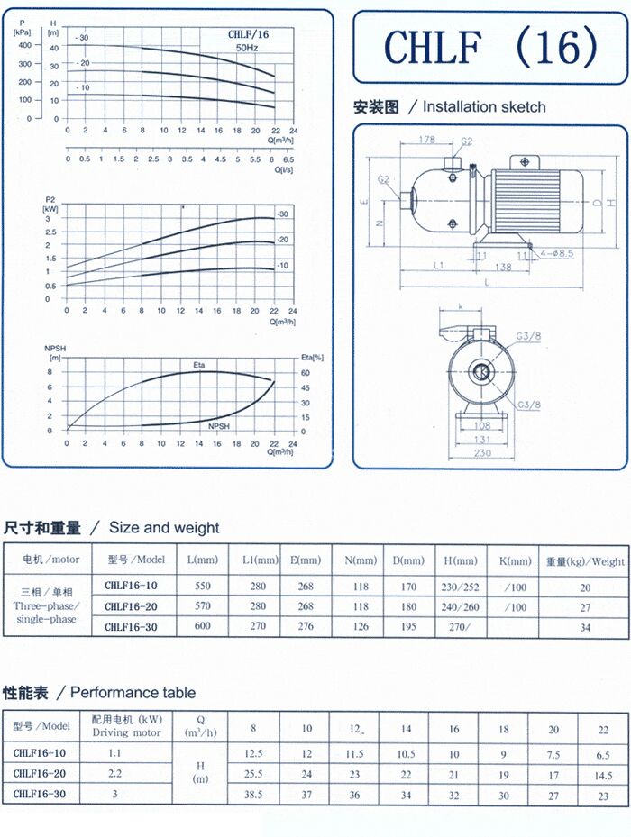 CHLF輕型立式不銹鋼多級離心泵安裝圖、尺寸、性能